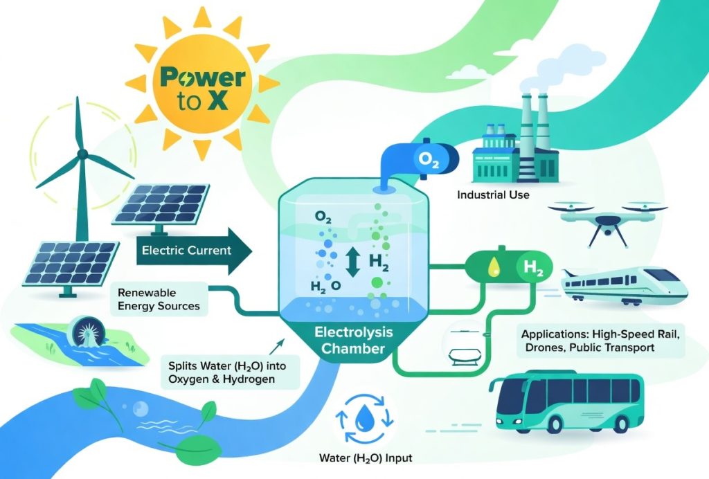 create an image that takes inspiration from image attached that describes the following below

Power-to-X (PtX or P2X) is a process where you convert electricity into other forms of energy, which means it is also a method of storage of (excess) electricity in chemicals. First step of the process is called electrolysis, where an electric current is conduced through water, which splits the water into oxygen and hydrogen molecules.